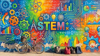 Mural vibrante con ilustraciones de engranajes, átomos, circuitos, ecuaciones y gráficos coloridos, con "STEM" al centro. Una bicicleta y mochilas están al pie del muro.