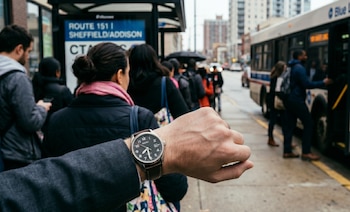 Primer plano de un brazo con un reloj de pulsera; al fondo, personas esperan en una parada de autobús y otras abordan un autobús urbano en una calle de la ciudad