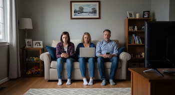 Tres personas sentadas en un sofá beige: una mujer con teléfono, otra con portátil y un hombre con teléfono. En la sala hay una mesa auxiliar, lámpara, estantería y televisor.