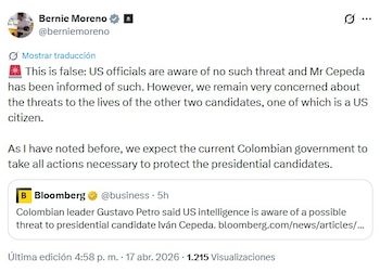 Bernie Moreno negó que tuviesen conocimiento de amenazas contra Iván Cepeda, como lo afirmó Petro - crédito @berniemoreno/X