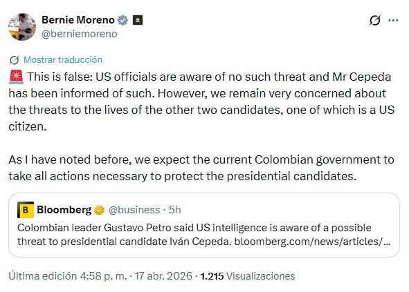 Bernie Moreno negó que tuviesen conocimiento de amenazas contra Iván Cepeda, como lo afirmó Petro - crédito @berniemoreno/X