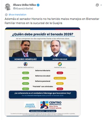 El expresidente acusó a Deluque de haber cometido presuntos malos manejos en el Icbf de La Guajira - crédito @AlvaroUribeVel/X