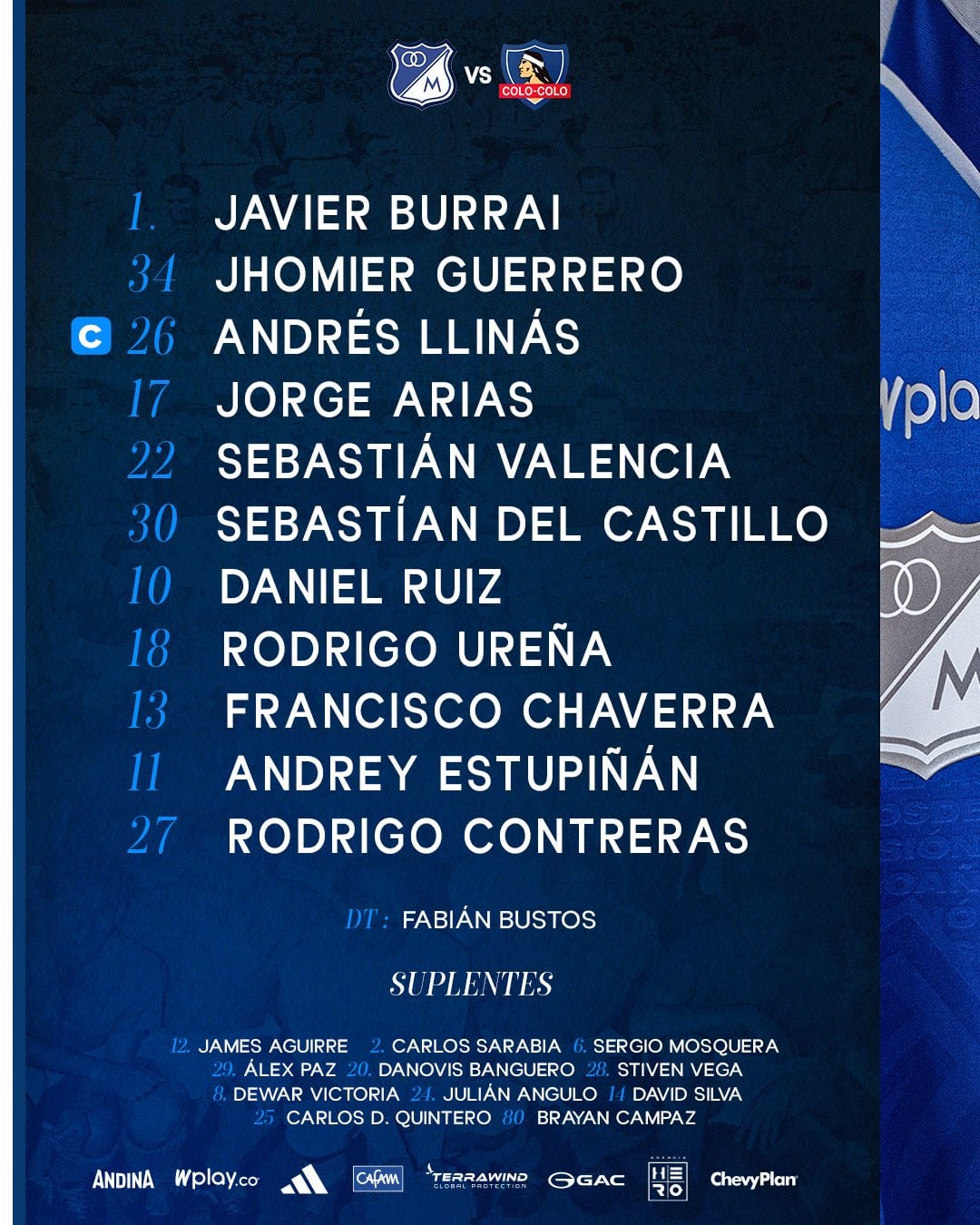 Titulares Millonarios Colo Colo - crédito Millonarios FC/X