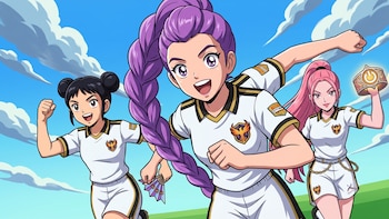 Tres mujeres con uniforme blanco y dorado corren en un campo verde. Una tiene cabello morado, otra negro y la tercera rosa. Una mujer sostiene un abanico y otra un brazalete