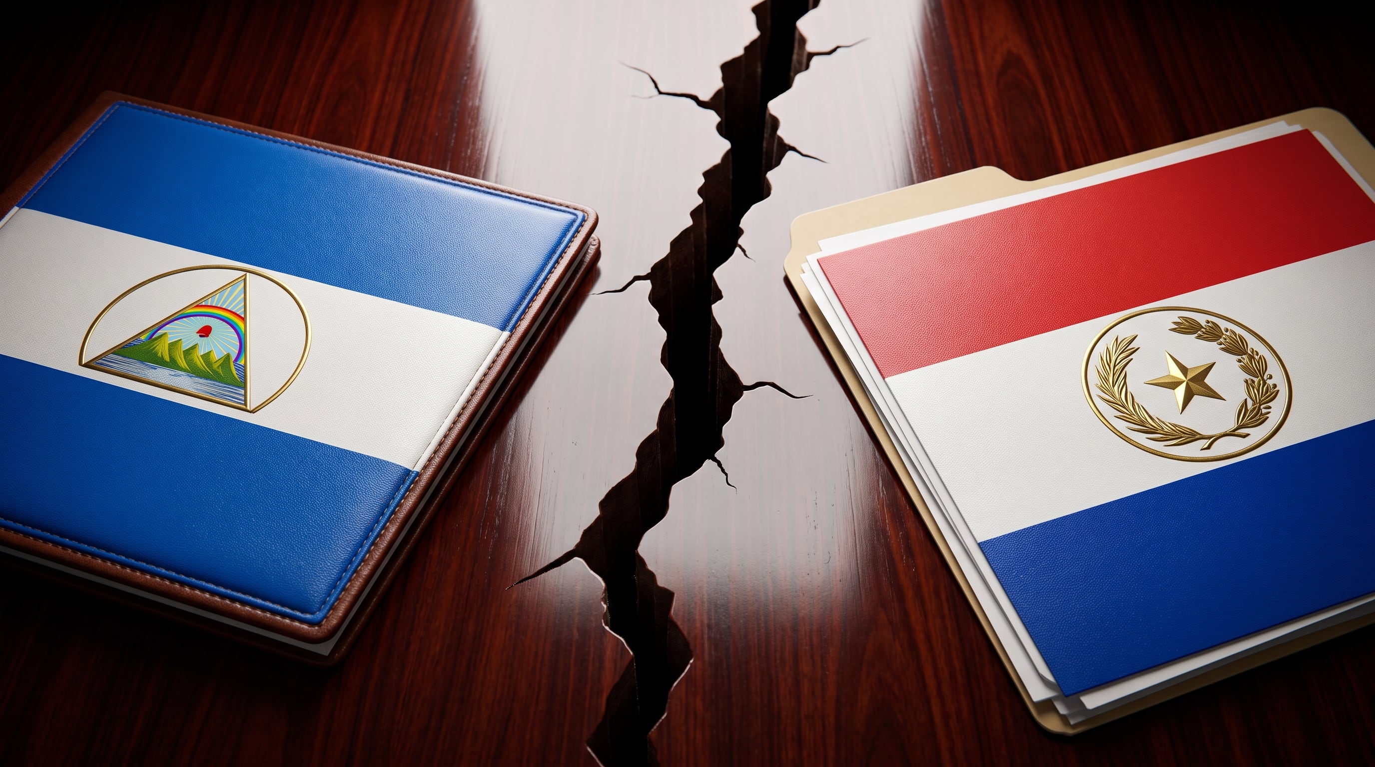 Carpetas oficiales de Nicaragua y Paraguay reposan a ambos lados de una profunda grieta en una mesa de caoba. (Imagen Ilustrativa Infobae)