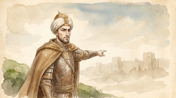 Ilustración en acuarela de Mehmed II con turbante y armadura, señalando hacia las murallas difusas de una ciudad fortificada al fondo sobre un terreno verde.