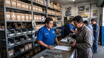 Interior de tienda de repuestos. Un vendedor y un cliente revisan un portapapeles. El cliente sostiene una pieza automotriz. Estanterías con cajas de repuestos.