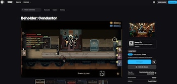 Captura de pantalla de la tienda Epic Games. Interfaz con título del videojuego Beholder: Conductor, imagen de juego pixelada, clasificación ESRB y oferta de descarga