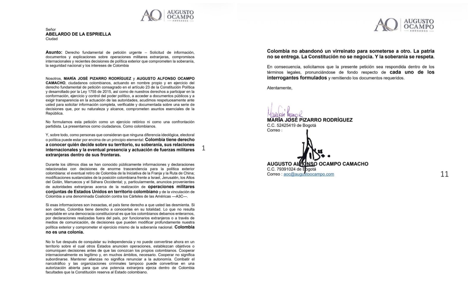 En una misiva de casi 11 páginas, la exsenadora María José Pizarro y el abogado José Augusto Ocampo elevaron sus peticiones al Gobierno de Abelardo de la Espriella - crédito @PizarroMariaJo/X