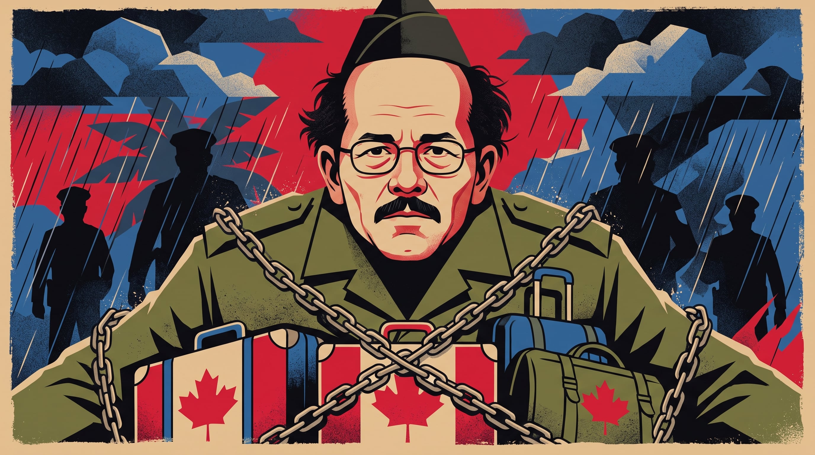 Daniel Ortega encabeza una escena de control fronterizo que bloquea con cadenas equipaje con la bandera de Canadá bajo la vigilancia de siluetas policiales. (Imagen Ilustrativa Infobae)