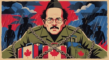 Ilustración de Daniel Ortega de uniforme militar y cadenas sobre maletas con la bandera de Canadá, entre siluetas policiales y lluvia.