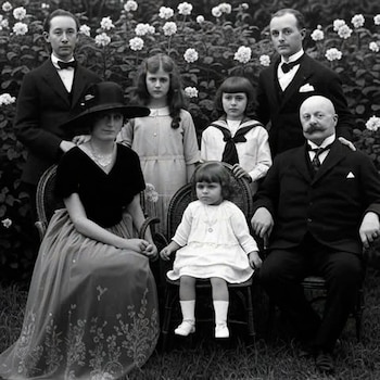 Retrato familiar en blanco y negro de siete personas, tres adultos y cuatro niños, posando en un jardín con arbustos de flores blancas