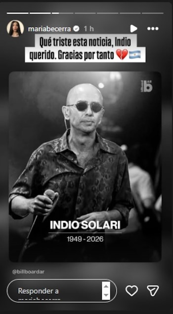 Captura de pantalla de una historia de Instagram de María Becerra con una imagen en blanco y negro de Indio Solari, calvo y con gafas de sol, sosteniendo un micrófono