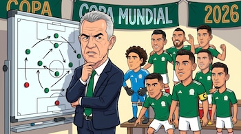 Caricatura del entrenador Javier Aguirre con una pizarra táctica de fichas. Le acompañan caricaturas de jugadores de la selección mexicana y banderines de la Copa Mundial 2026.