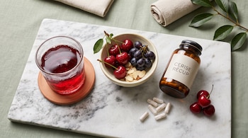 Un vaso con líquido rojo, un cuenco con cerezas, uvas y almendras, un frasco con cápsulas y pastillas sueltas sobre una tabla de mármol.