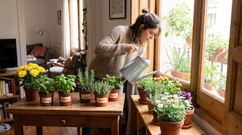 Mujer con suéter beige riega varias plantas en macetas, incluyendo Albahaca, Romero y Crisantemo, sobre una mesa de madera junto a una ventana.