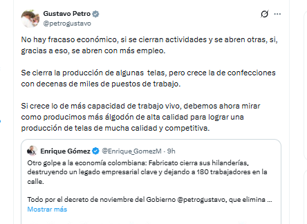 El presidente Gustavo Petro aseguró que su Gobierno no incurrió en ningún fracaso económico. Indicó que el cierre de ciertas actividades también involucra la apertura de otras - crédito @petrogustavo/X