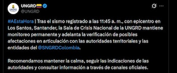 La Ungrd informó que el sismo del 26 de agosto no dejó daños materiales ni víctimas tras la verificación inicial - crédito @UNGRD / X