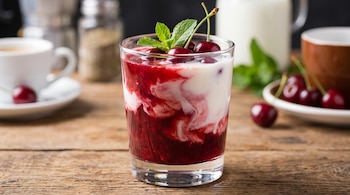 Vaso de vidrio con líquido rojo y blanco, coronado con cerezas frescas y menta, sobre una mesa de madera junto a una taza.