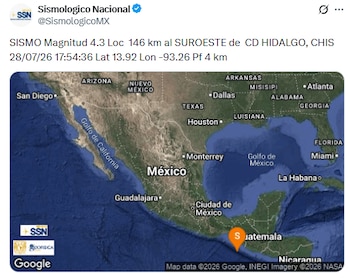 Sismo de magnitud 4.3 en Ciudad Hidalgo, Chiapas este 28 de julio. (X/ @SismologicoMX)