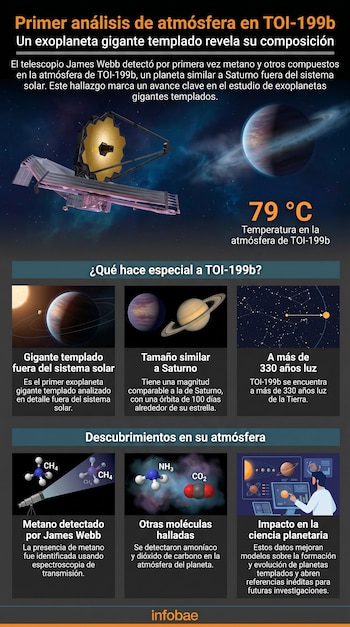 Infografía del telescopio espacial James Webb observando el exoplaneta TOI-199b con anillos, junto a ilustraciones de moléculas de metano.
