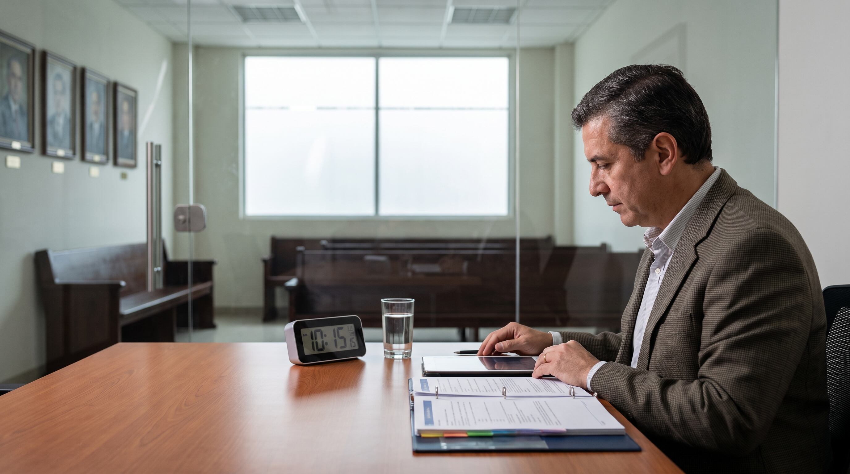 Un árbitro profesional examina un expediente jurídico sobre una mesa en un entorno que indica la eficiencia y transparencia del arbitraje. (Imagen Ilustrativa Infobae)