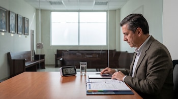 Hombre sentado en una mesa de madera con documentos, tableta, reloj digital y vaso de agua. Al fondo, sala institucional con bancas y retratos.