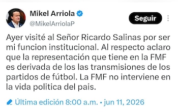 Captura de pantalla de un tuit de Mikel Arriola con su foto de perfil y texto donde explica su reunión con Ricardo Salinas Pliego