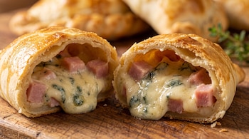 Una empanada dorada cortada en dos mitades con relleno de queso fundido y dados de jamón sobre una tabla de madera.