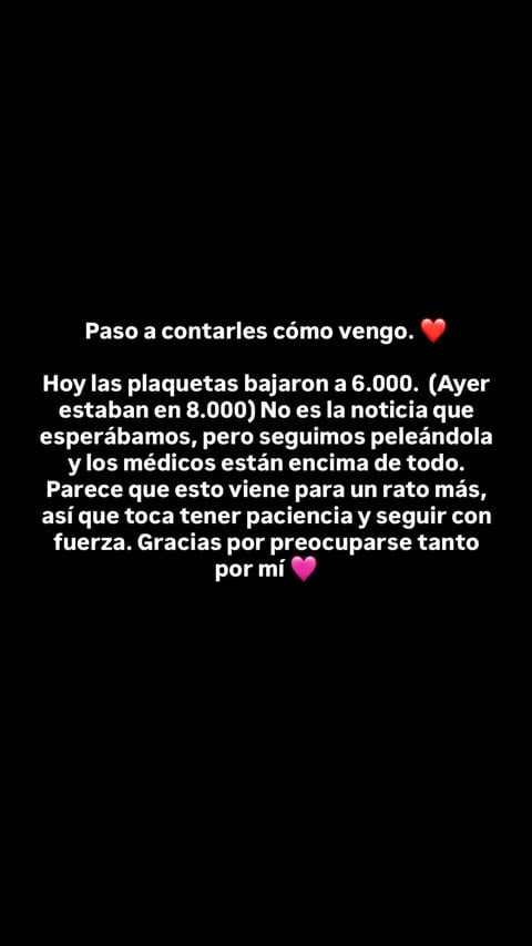 Un mensaje de Denisse González informa que su recuento de plaquetas disminuyó a 6.000 y señala la continuidad de su tratamiento médico.