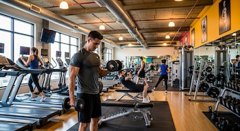 Un gimnasio amplio con personas entrenando. Un hombre levanta mancuernas en primer plano, mientras otros usan cintas de correr y máquinas de pesas.