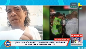Video dividido muestra al cómico Cachay con el brazo enyesado en un hospital y una escena nocturna con una multitud y personal de seguridad