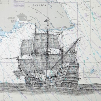 Dibujo a pluma y tinta del barco Satisfaction del capitán Henry Morgan