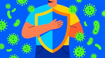 Ilustración de una persona de torso y brazos con una camiseta azul, que sostiene un escudo azul y amarillo mientras gérmenes verdes la rodean sobre fondo azul.