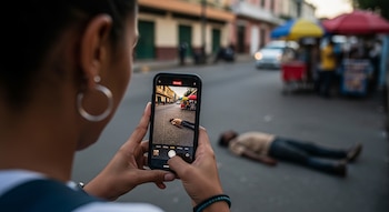 Manos de una persona sostienen un celular grabando a otra persona tendida boca abajo en la calle. La pantalla del teléfono muestra la misma escena.