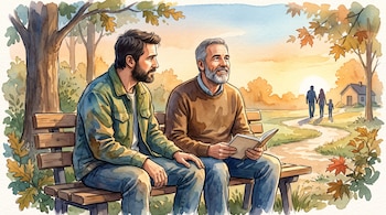 Ilustración en acuarela de dos hombres sentados en un banco de parque, junto a un sendero que conduce a tres siluetas y una casa al amanecer.