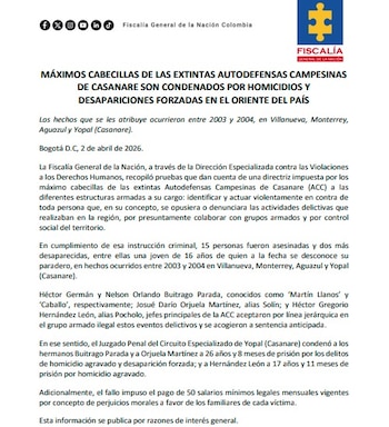 Las medidas ordenadas contemplan indemnizaciones debido a los crímenes reconocidos por los responsables, quienes se acogieron a la aceptación de responsabilidad ante las autoridades - crédito Fiscalia