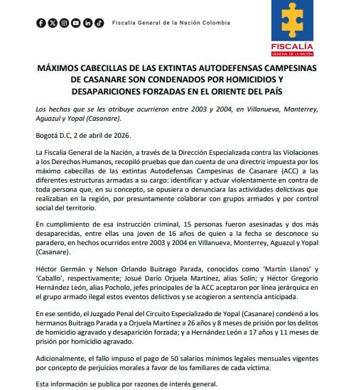 Las medidas ordenadas contemplan indemnizaciones debido a los crímenes reconocidos por los responsables, quienes se acogieron a la aceptación de responsabilidad ante las autoridades - crédito Fiscalia