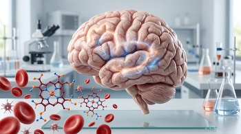 Ilustración de un cerebro humano con destellos luminosos, moléculas químicas, glóbulos rojos y frascos de laboratorio al fondo.