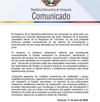 O Governo venezuelano confirmou que a reconstrução pós-terremoto será liderada exclusivamente pelo Estado e cortou os laços com o governo colombiano eleito. - Dívida venezuelana