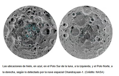 Los depósitos de hielo en los polos lunares se concentran en regiones donde las moléculas de agua se mantienen estables en sombra eterna (NASA)