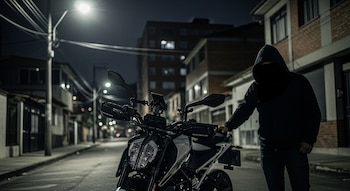 Motocicleta blanca y negra estacionada en una calle urbana oscura de Medellín, con un sujeto encapuchado de espaldas y edificios residenciales al fondo bajo luz tenue.
