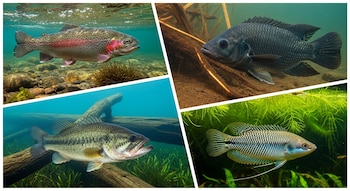 Collage de cuatro imágenes de peces: trucha arcoíris, tilapia negra, perca americana y gourami piel de serpiente, cada uno en un entorno subacuático.
