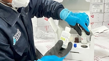 Una persona con mascarilla y guantes manipula un kit de diagnóstico de laboratorio, compuesto por botellas con reactivos dentro de una caja de cartón
