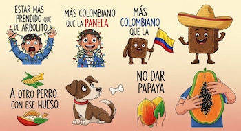 Seis ilustraciones separadas que representan dichos colombianos. Muestran niños con luces, figuras de panela, un perro con hueso y manos con frutas tropicales.
