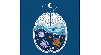 Ilustración de un cerebro humano estilizado en fondo azul profundo con olas de agua arrastrando partículas. Encima, una luna y estrellas indican sueño.