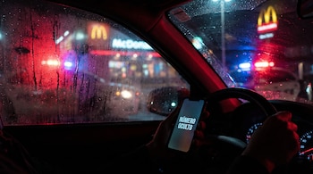 Interior de un auto con un teléfono que muestra la frase número oculto, lluvia en el parabrisas y luces rojas y azules en el exterior.