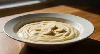 Un plato hondo con crema de plátano y yogur natural, adornado con tres rodajas de plátano, se encuentra sobre una mesa de madera bajo la luz natural.