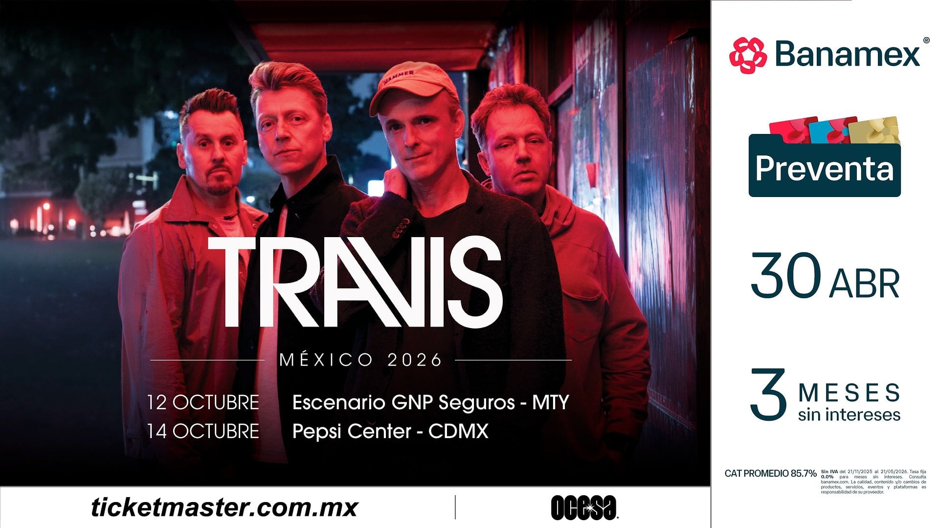 Travis se presentará el 12 de octubre en el Escenario GNP Seguros de Monterrey y el 14 de octubre en el Pepsi Center WTC de Ciudad de México (Ocesa)