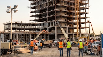 Edificio en construcción con estructura de acero y concreto, varias grúas y maquinaria. Un grupo de trabajadores usa chalecos de seguridad y cascos.